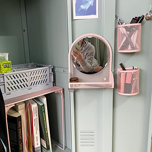 Pink Magnetic Locker Mirror with 2 Pen Holders