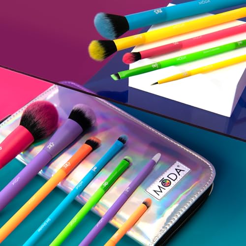 Moda Totally Electric 13pc Full Face Makeup Brush Set ? Bold, Colorful, Vegan Brushes for Face & Eye Makeup, Blending, Contouring, and More