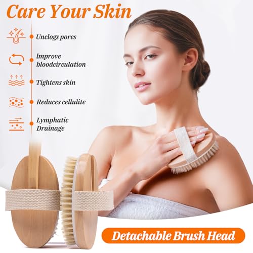 Wood Body Brush Set,20.6¡¯¡¯ Long Handle Bath Body Back Scrubber Soft & Stiff Bristles Detachable 2 Brush Heads Gentle Exfoliator Remove for Wet & Dry Use