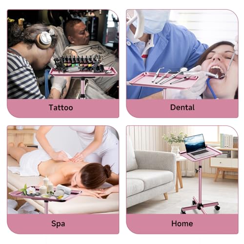 Salon Tray Cart Rolling Tray Spa Tray,Tattoo Tray Dental Tray Height Adjustable,Salon Tray on Wheels Premium Metal Rolling Trolley,Pink