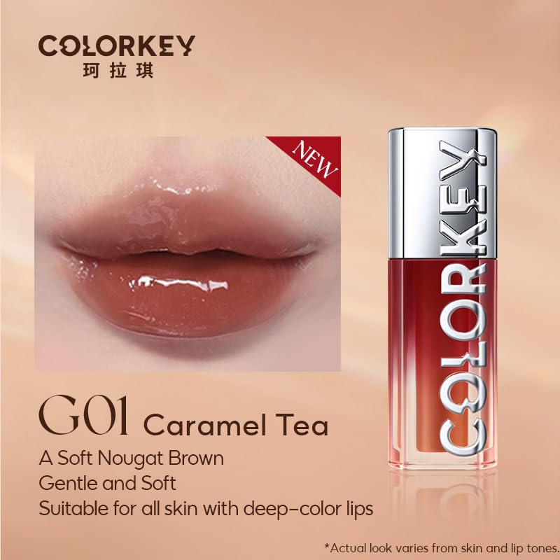 COLORKEY 3D Plump Oil Lip Gloss, High-shine Finish, Lip Tint, Moisturizing, Non-Sticky, Clear and Natural, Glassy Shine (G01 Caramel Tea, 3ml)