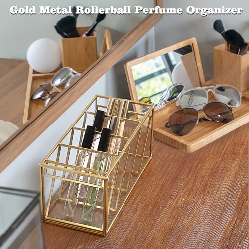 ELLDOO Rollerball Perfume Organizer, 4 Compartment Clear Glass Perfume Storage Holder Vintage Beauty Scent Holder, Metal Makeup Lipgloss Lipstick Display Case