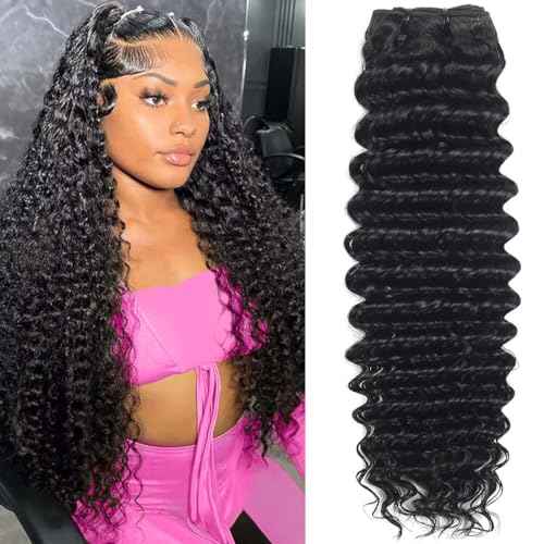 12A Deep Wave Bundles Human Hair 28 Inches, 100% Unprocessed Indian Human Hair Bundles Wet and Wavy Raw Virgin Hair One Bundles Deal Curly Weave Bundles(Natural Color, 28 Inches)
