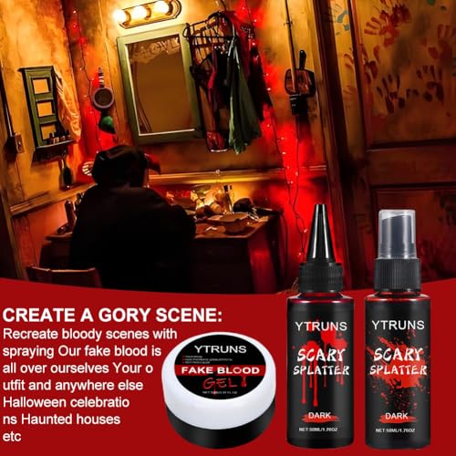 Halloween Fake Blood Makeup Kit, 1.41oz Coagulated +1.76oz Fake Blood Spray +1.76oz Dripping Blood , Realistic Washable Fake Blood Makeup for Zombie Vampire Monster Cosplay & Dress Up