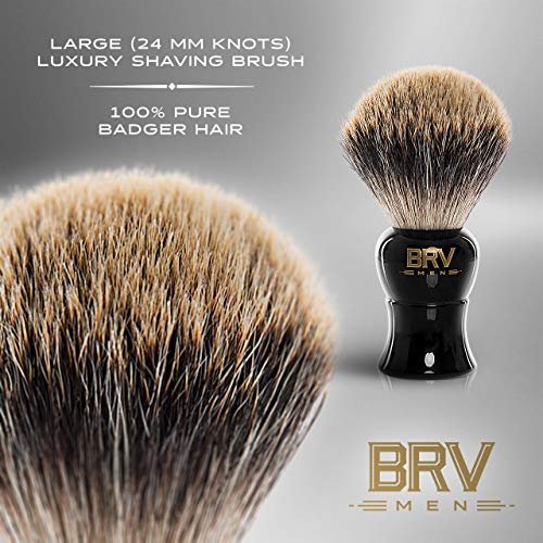 BRV MEN Pure Badger Shaving Brush LARGE (24mm knots) - Heavy Resin Handle - Use with Double-Edge Safety Razor, Straight Razor and Shaving Bowl - Black