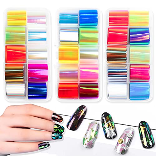 Glass Foil Nail Art, 30 Rolls Aurora Laser Design Glass Fragments Paper Full Wraps Nail Stickers DIY&Salon Kit Manicure Accessories