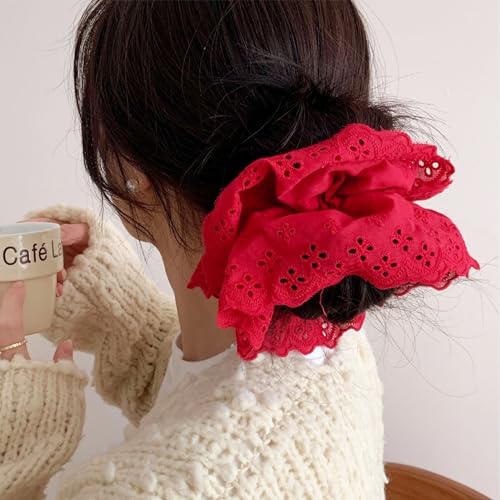 Hair Ties for Women Hair Scrunchies Girls 1 Piece Set White Lace Design Premium Fabric Ponytail Holder Hair Tie (White)