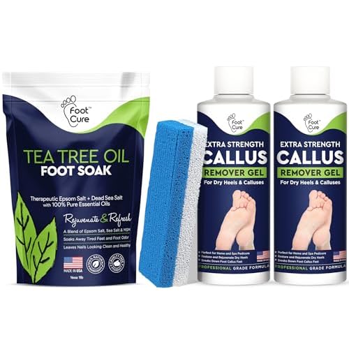 Tea Tree Oil Foot Soak with Epsom Salt Callus Remover for Feet with Extra Strength Gel & Foot Pumice Stone Set - Easy Way to Remove Hard Calluses & Dead Skin Build-Up - Professional at-Home Foot Care