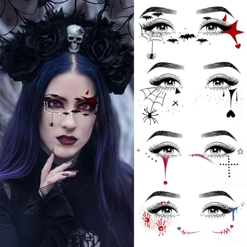 15 Pcs Horror Halloween Face Makeup Tattoos Stickers Clown Demon Spider Web Ghost Vampire Eyeshadow Temporary Stickers Scary Fake Blush Freckles Face Tattoos for Day of Dead Carnival Party Decoration