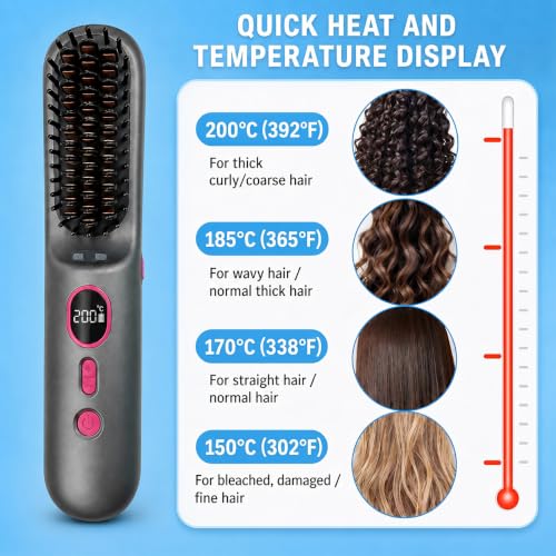 Go Brush Pro Cordless Hair Straightener - 4 Temps, LED Display, 9000mAh
