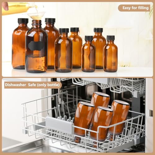 12 Pack 8 oz Amber Glass Boston Bottle With Black Poly Cap, Funnel, Chalk Labels, Pen, Dispensing Bottles for Homemade Vanilla Extract, Essential Oils, Herbal Medicine, Wedding Christmas Decor