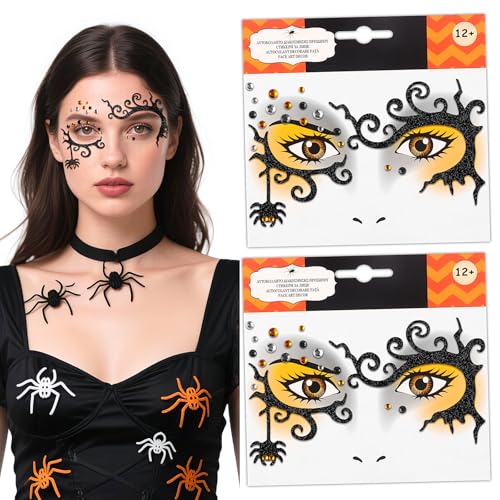 Halloween Face Gems Stickers - Spider & Clown Rhinestone Tattoos (2 Pack)