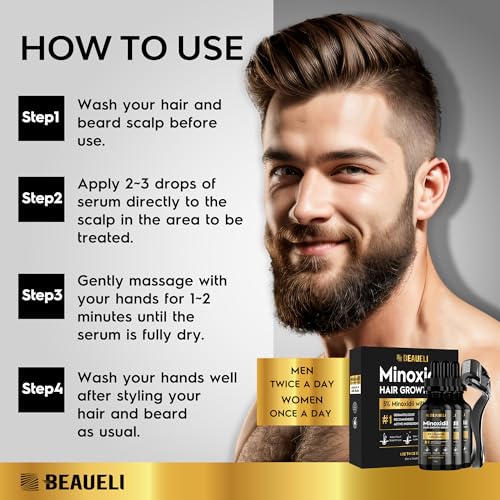 Beaueli 3-Pack Minoxidil Beard & Hair Growth Kit 2 Fl Oz for Men & Women