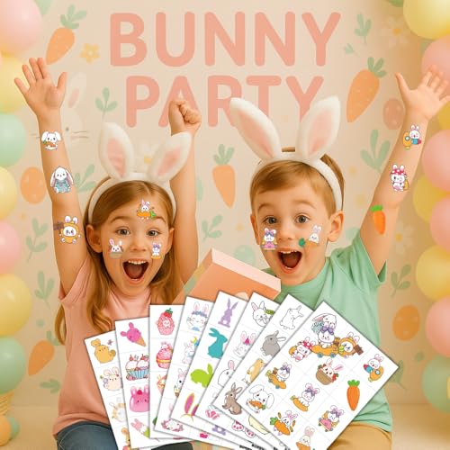 8 Sheets (96PCS) Bunny Pre-Cut Temporary Tattoos for Kids ? Cute Bunny Birthday Party Favors Supplies Decorations, Easter Egg Carrot Tattoo Stickers for Boys and Girls, Classroom Rewards and Prizes