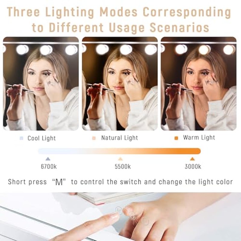 22.8"x 18.1" Vanity Mirror Makeup Mirror with Lights,10X Large Hollywood Lighted Vanity Mirror with 15 Dimmable LED Bulbs,3 Color Modes,Touch Control for Bedroom,Tabletop or Wall-Mounted