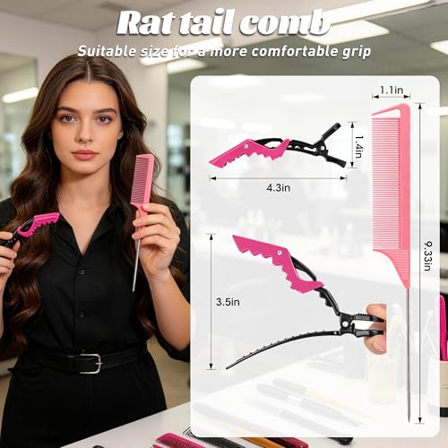Rat Tail Comb & Hair Clips Set - 3 Teasing Combs + 7 Alligator Clips