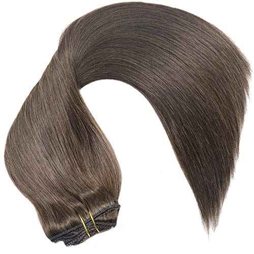 Real Human Remy Hair Lace Clip In Hair Extensions 18inch Finsih at 18.5inch 120g Color #2 Dark Brown Double Wefted Thick Ends Silky Soft Long Lifespan Tangle Free Human Hair Extensions
