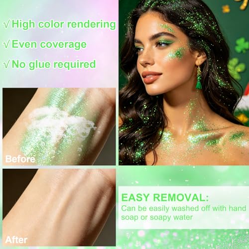 2PCS Green Roll-On Body & Face Glitter Gel for Face Hair & Body - St Patrick's Day Glitter
