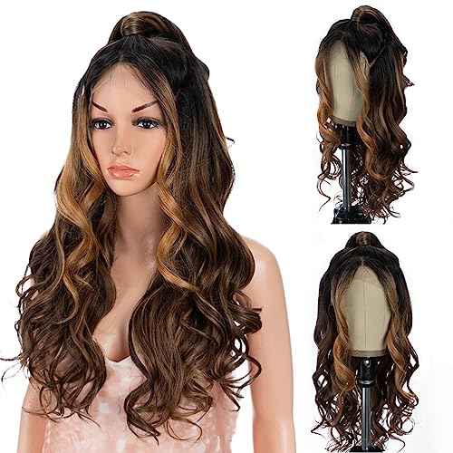 Style Icon 13x2 Highlight Lace Front Free Part Wig 24?Updo U Part Lace Frontal Long Wavy Wig With Bangs High Temperature Synthetic Hair(24 Inches, HI-PECAN)
