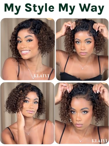 KLAIYI Ombre Brown Curly Bob Wig - Glueless Lace Front 12-Inch