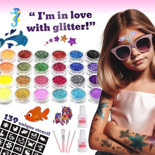 Glitter Tattoos for Kids, Glitter Tattoo kit, Face Gems, Rhinestones, Temporary Tattoos, Face Glitter Festival, face gems Stick on, Festival Accessories, face gem for Festivals,Girls Birthday Present