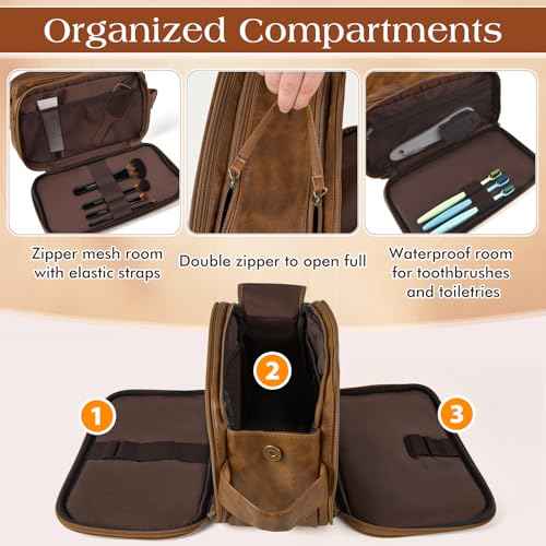 Toiletry Bag for Men,Large Leather Dopp Kit & Travel Organizer, Water-Resistant Shaving Bag for Traveling Gift for Him (Brown)