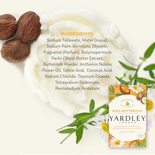 Yardley London Nourishing Bath Soap Bar Shea Buttermilk for Sensitive Skin, Gently Cleanses with Delicate Chamomile & Creamy Buttermilk, 4.0 oz Bath Bar, 1 Soap Bar