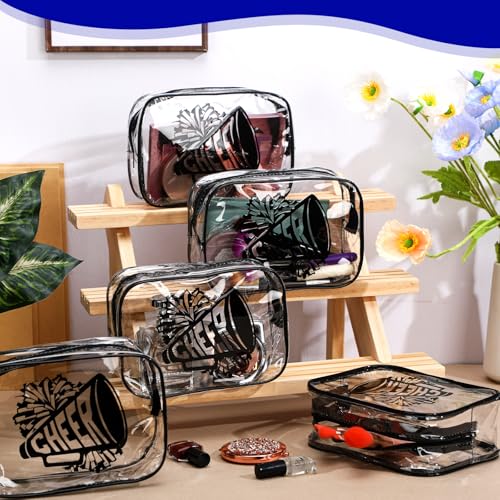 Kacctyen 24 Pcs Cheer Team Gifts Cheer Makeup Bag Bulk for Team Sport Gifts PVC Clear Cosmetic Bag Cheerleader Makeup Case Toiletry Zipper Pouch for Sport Cheerleading, 7x4.7x2.4''(Black)