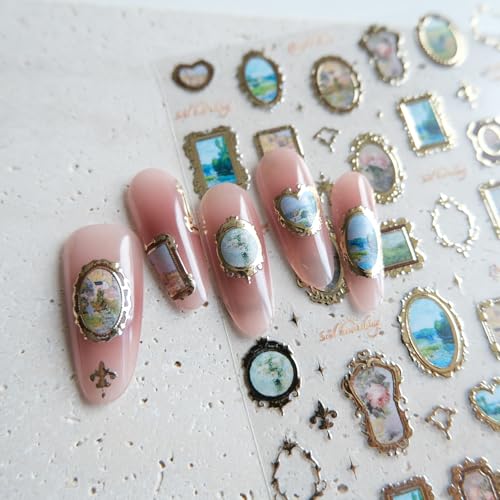 Golden Frame Nail Art Stickers, Self-Adhesive Vintage Nail Decals Women's Nail Accessories
