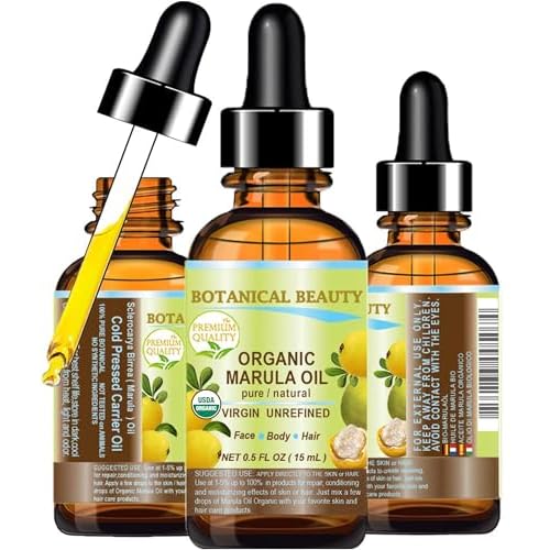 Botanical Beauty Organic MARULA OIL WILD GROWTH 100% Pure Natural Virgin, Unrefined Cold-Pressed Moisturizer for FACE, DRY SKIN, BODY, DAMAGED HAIR, NAILS, Anti-Aging (0.5 Fl Oz)