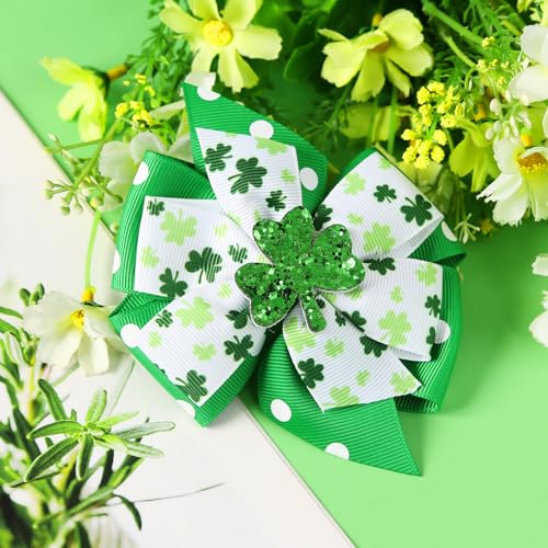 2 Pack St Patricks Day Hair Bows Green Glitter Clover Alligator Clips Girls Women Shamrock Irish Party Accessories 4 Inch