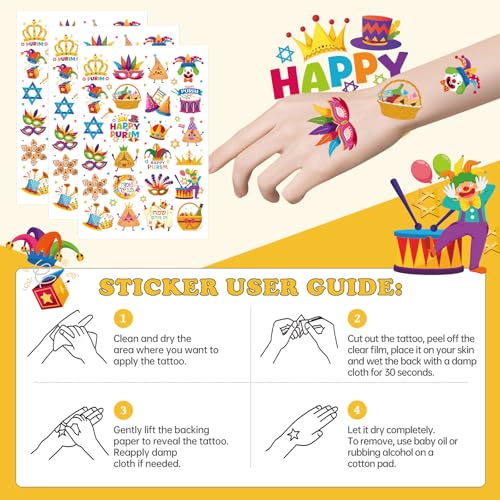 Purim Temporary Tattoo Stickers, 8 Sheets 200+ Designs