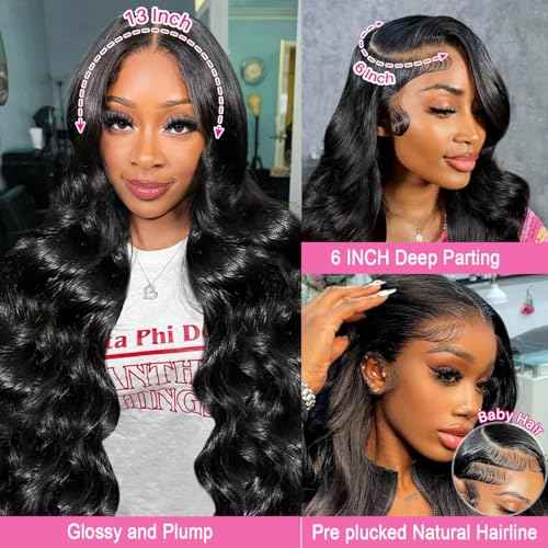 13x6 Lace Front Wigs Human Hair 180% Density HD Lace Frontal Wigs Body Wave Lace Front Wigs Human Hair Pre Plucked With Bleached Knots Black Body Wave Wig 22 Inch