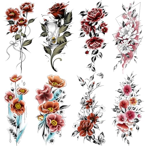 Cerlaza Realistic Flower Temporary Tattoos for Women, 12 Sheet Waterproof Semi-Permanent