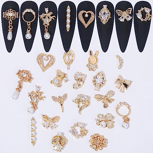 HNUIX Nail Charms and Gems - Gold Copper Zircon, Multiple Shapes 3D Dangle, Metal Jewelry Rhinestones for Nails (20pieces C Set)