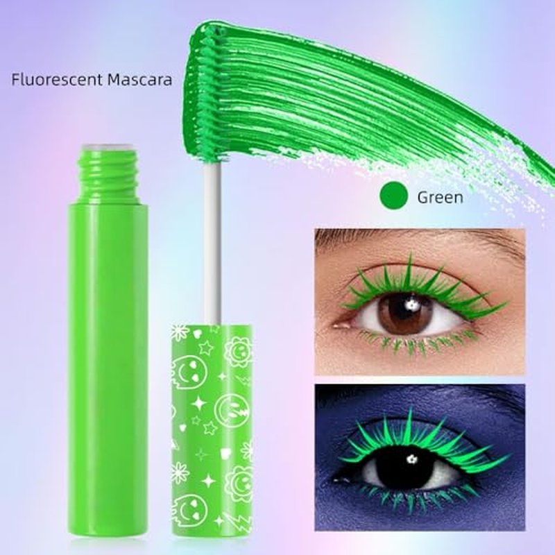 6 Colors Fluorescent Mascara, Glow Colored Mascara, Parties, Weddings, Stage Use, Party Night, Halloween Christmas Parties, High Pigmented, Apply to Eyelashes/Eyebrows/Hair (Green)