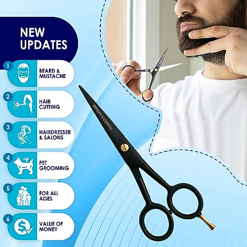 5'' Professional German Beard Scissors for Men- 2 Mustache Combs for Facial Hair with Beautiful Pouch & Tweezer - Mustache Scissors for Men Grooming, Cutting, Styling-Mustache Trimmer