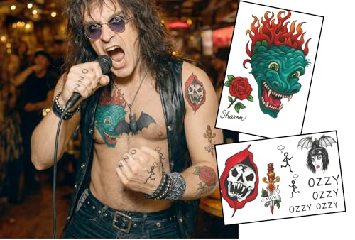 80s Heavy Metal Fake Tattoos - Knuckles, Dragon & Rose (2x A5)