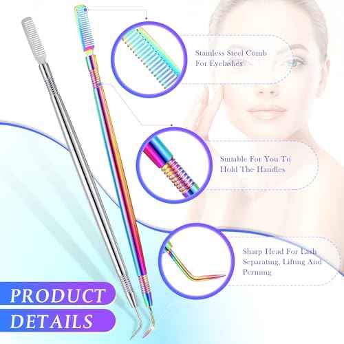 Chumia 2 Pieces 2 in 1 Lash Lift Tool Eyelash Separator Tool with Comb Stainless Steel Metal Lash Perm Lift Rods for Eyelash Eyebrow Comb Perming Tinting Curling Extension Supplies(Multi Color,Silver)