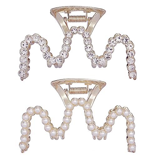 Rhinestone Hair Clips, Textention 3.4 Inch Pearl Claw Clips for Thick Hair, Crystal Metal Hair Jaw Clamps Fashion Hair Accessories for Women Bride Bridesmaid (2 Pack)