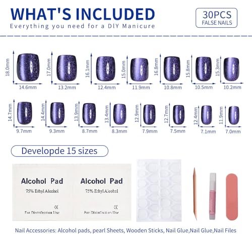 Dark Amethyst Cat Eye Press On Nails – 30pc Gel Glue-On Kit