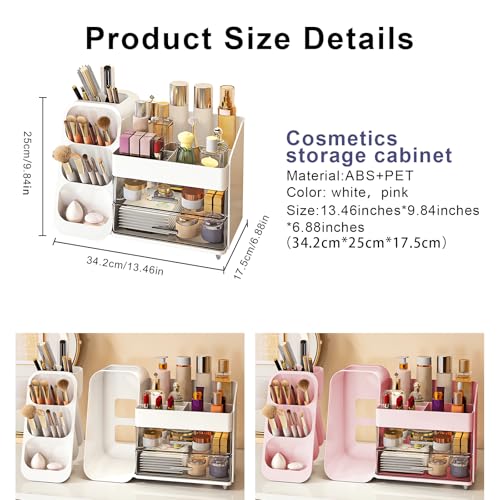 DASITON Makeup Organizer with Brush Holder for Vanity, Bathroom Countertop Organizer with 2 Drawers, Large skincare storage organizers for perfume, lipstick, Nail Polishes and Beauty Essential (White)