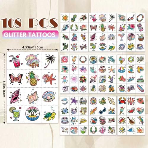 108 PCS Glitter Hawaiian Tattoos – Waterproof Summer Party Fun