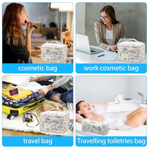 Quilted Makeup Bag, Large Capacity Travel Cosmetic Bag for Women and Girls, Aesthetic Storage for Daily and Travel Use (3pcs-BlackFloral)