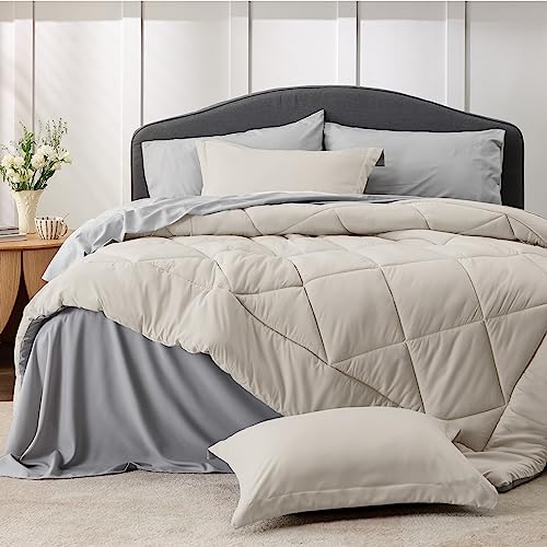 Bedsure Beige Twin Comforter Sets - 5 Pieces Reversible Twin Bedding Sets for College, Beige Extra Long Bed Set Twin with Comforters, Sheets, Pillowcase & Sham