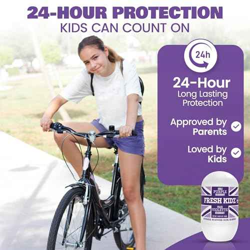 Fresh Kidz Roll On Deodorant for Kids and Teens - Baking Soda and Aluminum-free 24 Hour Protection for Sensitive Skin - Girls "Purple" 1.86 fl.oz. (2 Pack)