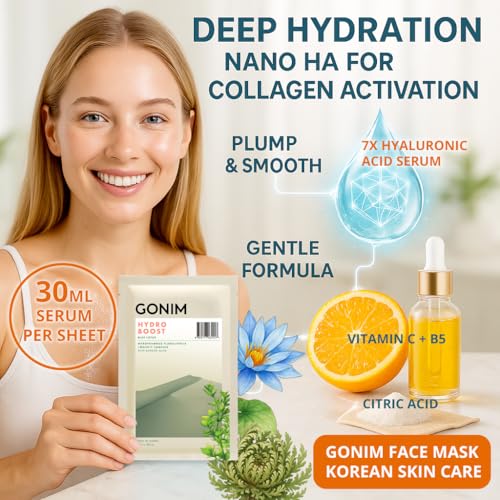 GONIM Face Mask Korean Skin Care with Hyaluronic Acid Serum, Collagen Activation, Vitamin C-Face Masks Skincare Hydration, Moisturizing Sheet Mask, Travel Essentials, Korean Face Mask 30ml x5pcs