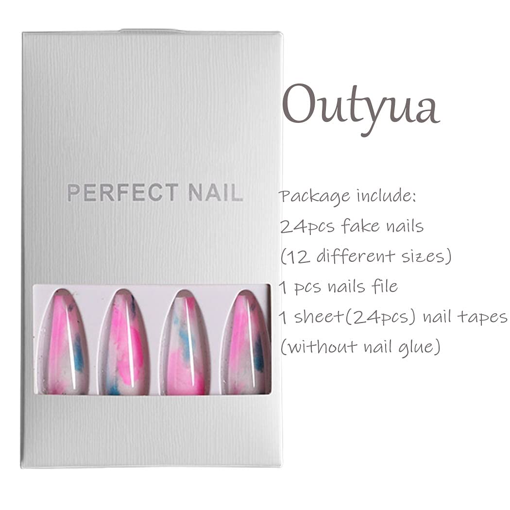 Outyua Glossy Smoke Pattern Fake Nails Coffin Extra Long Press on Nails with Design Ballerina Acrylic Super Long False Nails Designer Full Cover Artificial Nails for Women and Girls 24Pcs (Colorful)