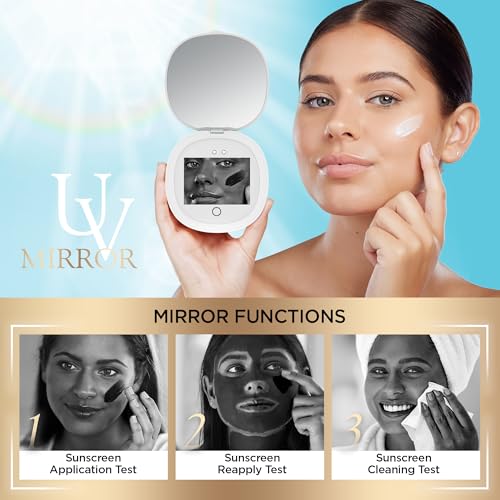 HAMMSOM UV Mirror for Sunscreen Test with UV Camera, Sun Protection Visualization Travel Makeup Mirror with LED Light and 3X Magnification Pocket Mirror