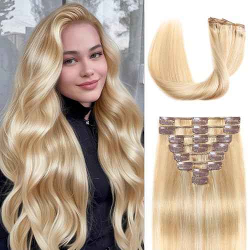 Clip in Hair Extensions Real Human Hair, 24 inch 120g, Balayage Invisible Remy Human hair Clip in Extensions for Women Seamless Straight 8Pcs Double Weft Dark Blonde Highlighted Bleach Blonde